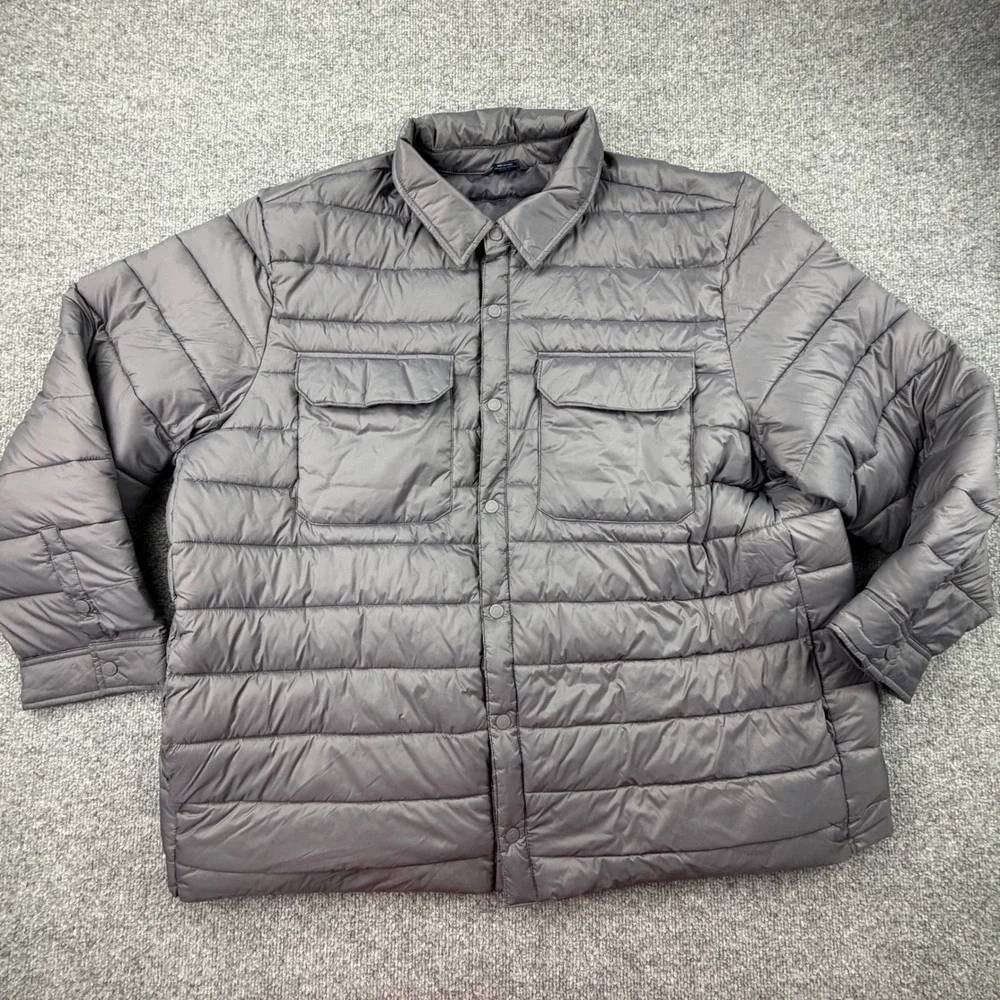 George Mens Puffer Shirt Jacket Grey Quilted Snap Front Shacket 3XL 54-56
